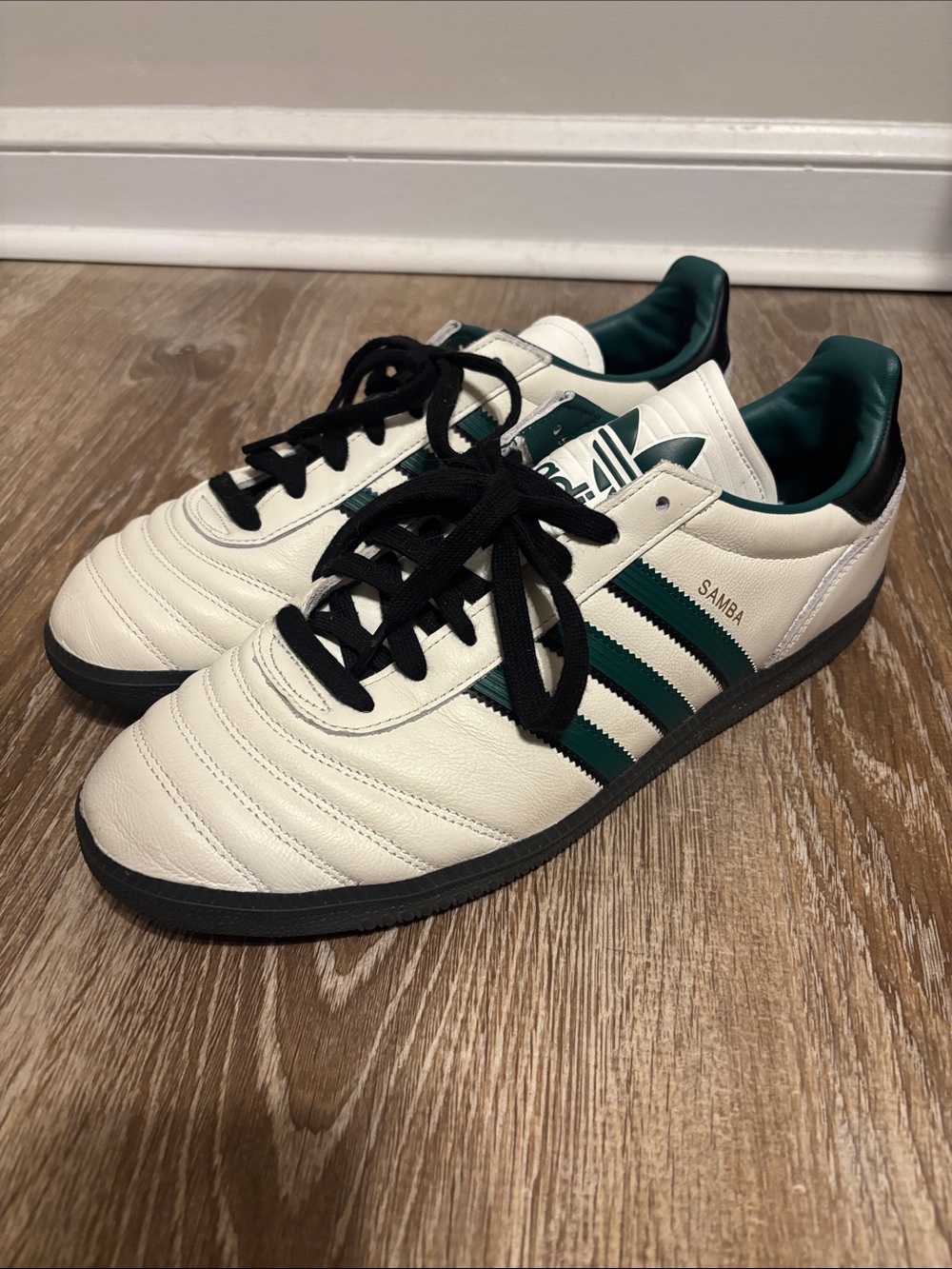 adidas Samba Leather Sneakers in White, Green & Black